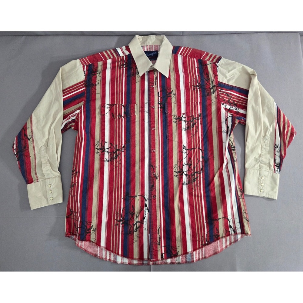 Vintage Wrangler Brushpopper Mens Extra Large Red Beige Bull Print Pearl Snap